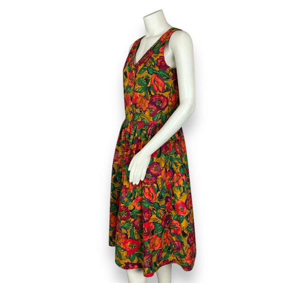 Vintage Dress‎ Jumper Floral Handmade Bright Midi Autumn Dropped Waist V-Neck - Picture 3 of 14